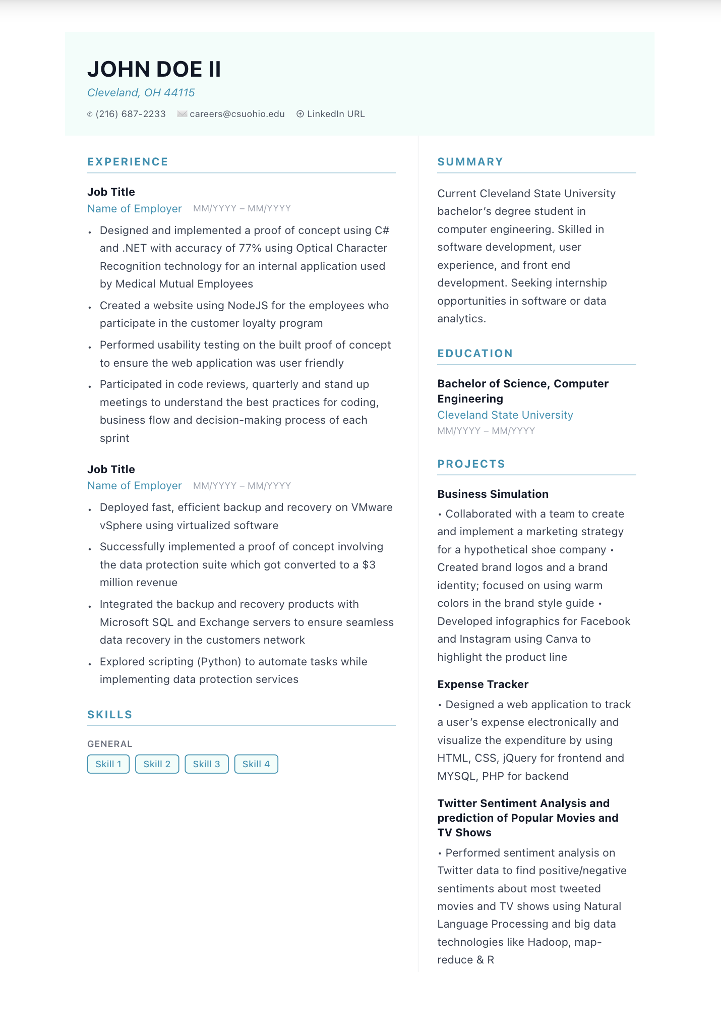 Free Horizon ATS-friendly resume template — Professional, ATS, Two columns design