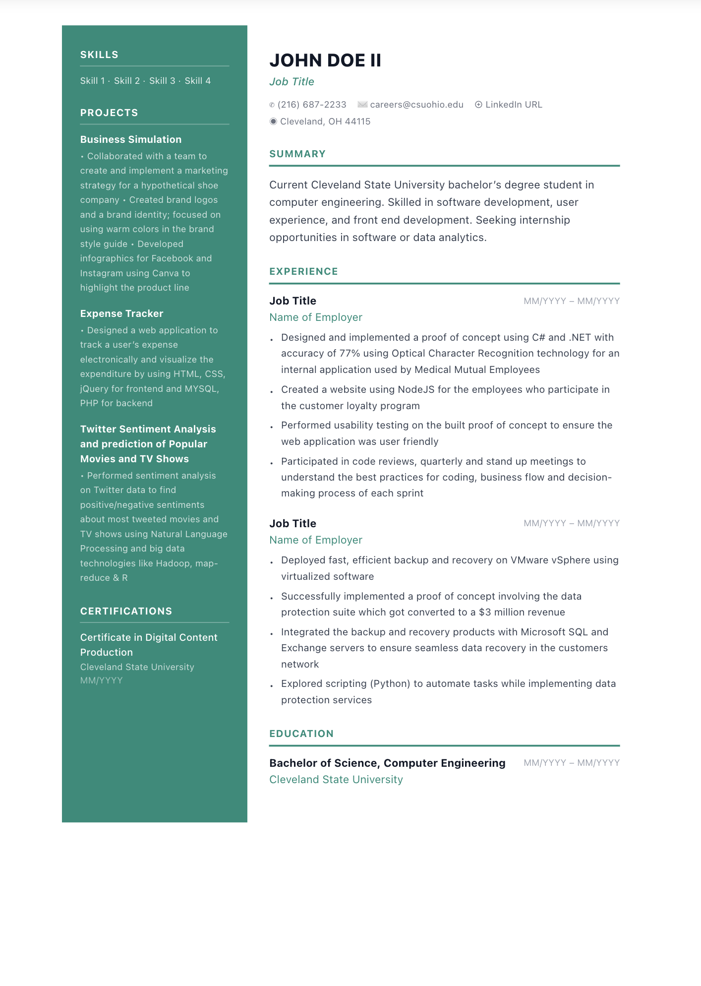 Free Vertex ATS-friendly resume template — Professional, Modern, Two columns design